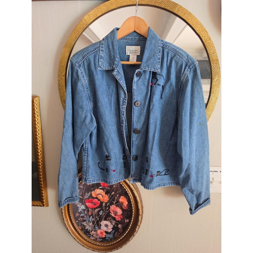 Vintage christopher and banks Women's med Denim Jean Jacket with Cat Embroidery
